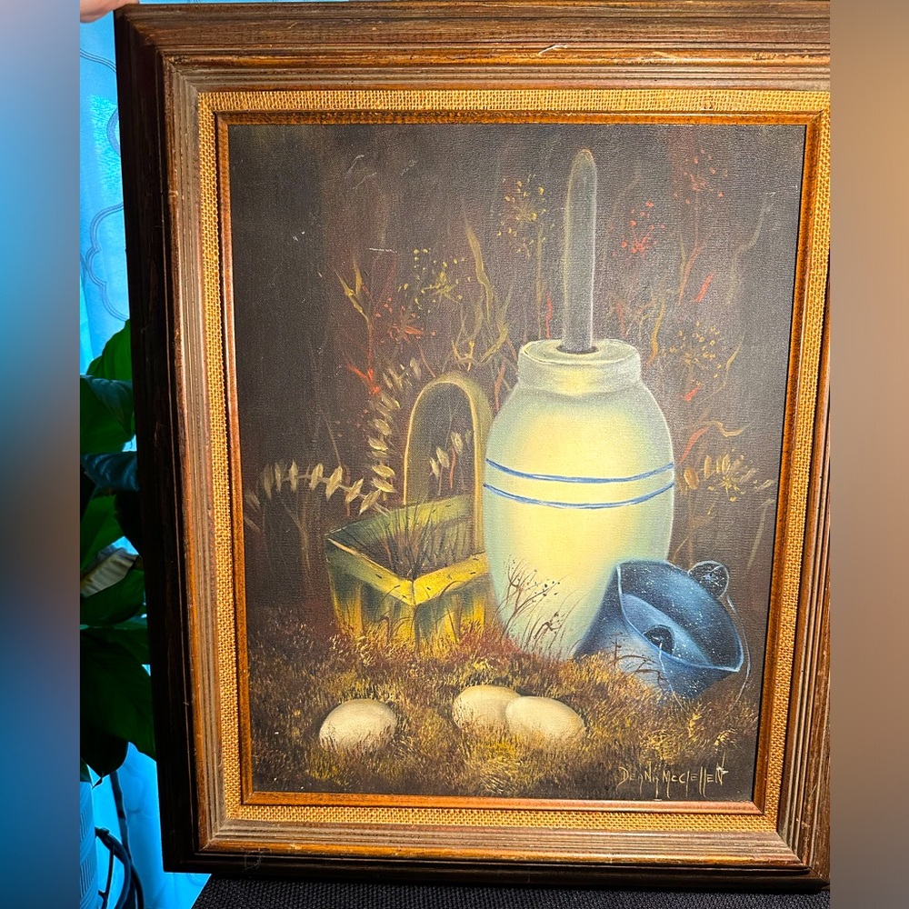 Still Life - Blue & White Churn - Eggs- Oil Painting - Signed - Original